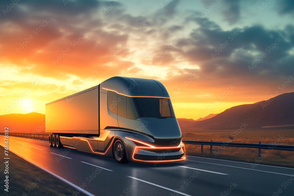 Obraz premium A large futuristic semi-trailer is driving along the highway. Concept for electric freight transport, logistics or cargo transportation. Truck on the highway.