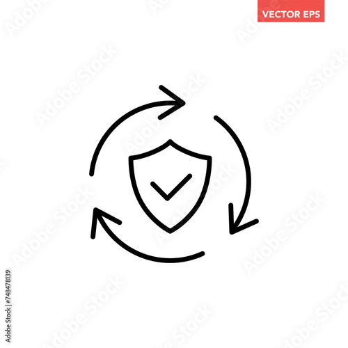 Black single protection system updated successful thin line icon, simple loading guard flat design pictogram vector for app ads web banner button ui interface elements isolated on white background