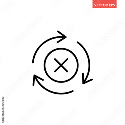 Black round check sync unapproved line icon, simple cycle rotating arrows sync flat design pictogram vector for app logo ads web webpage button ui ux interface elements isolated on white background