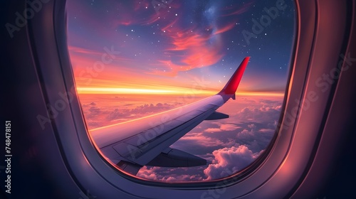 Airplane Window View of Colorful Sky and Stars