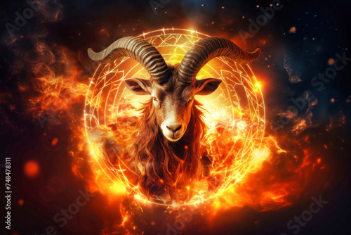 A ram stands in the center of a fiery circle, symbolizing the zodiac sign Capricorn photo