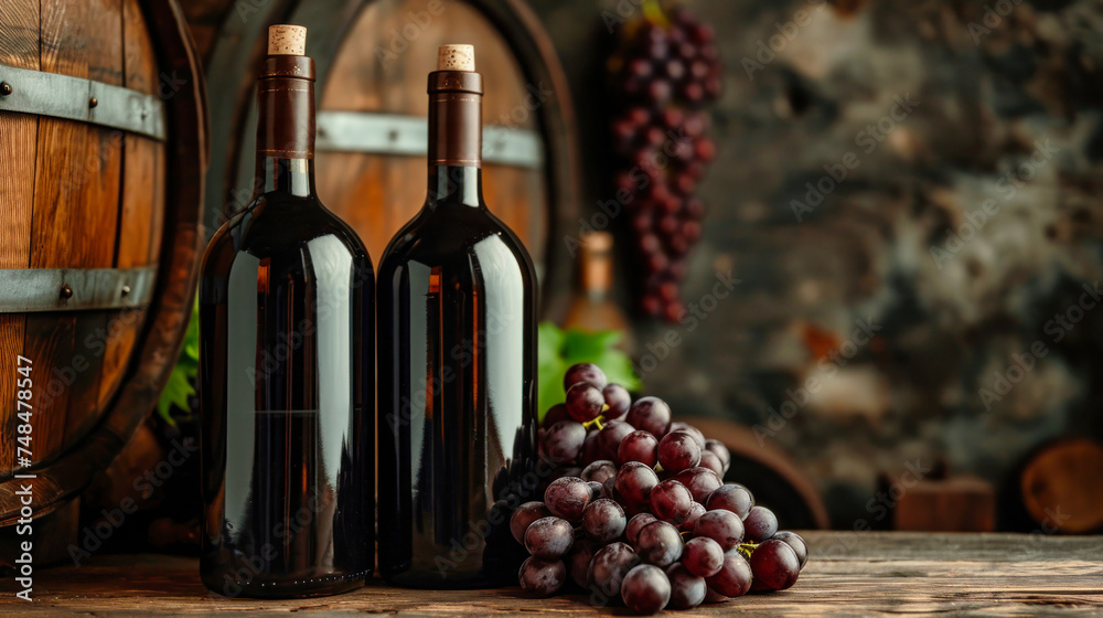 Obraz premium Three Wine Bottles and Two Wooden Barrels Displayed on Shelf