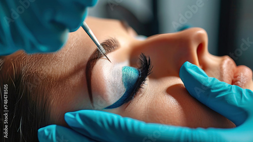 A woman in a beauty salon getting a permanent tattoo on her forehead