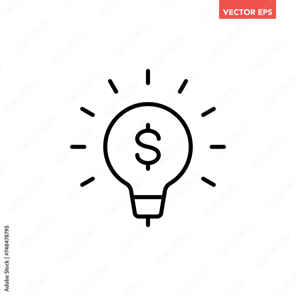 Single black light bulb with dollar mark line icon, simple financial idea graphic flat design interface infographic element for app ui ux web button, vector isolated on white background Single black light bulb with dollar mark line icon, simple financial idea graphic flat design interface infographic element for app ui ux web button, vector isolated on white background