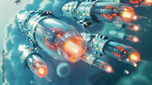 Close up of futuristic transport in the sky with capsules depicted in a bright random setting