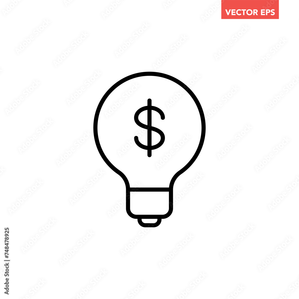 Single black light bulb with dollar mark line icon, simple financial idea graphic flat design interface infographic element for app ui ux web button, vector isolated on white background Single black light bulb with dollar mark line icon, simple financial idea graphic flat design interface infographic element for app ui ux web button, vector isolated on white background