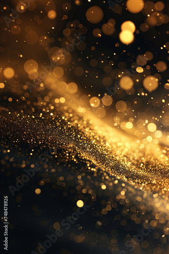 Abstract luxurious gold background with gold particles. Glittery vintage lights background. Christmas golden light shine particles bokeh on a dark background. Gold foil texture © Emanuel