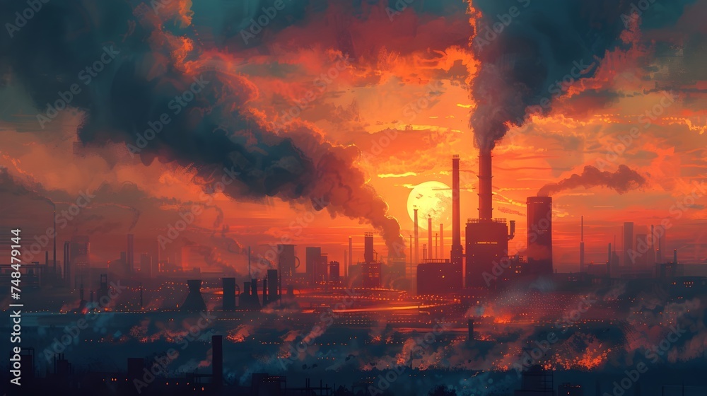 Industrial City at Sunset with Smoke and Solar Panels