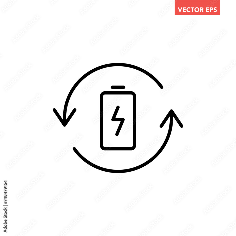 Single black recharge battery line icon, simple charging power with repeat arrow flat design pictogram, infographic illustration for app logo web button ui ux interface elements