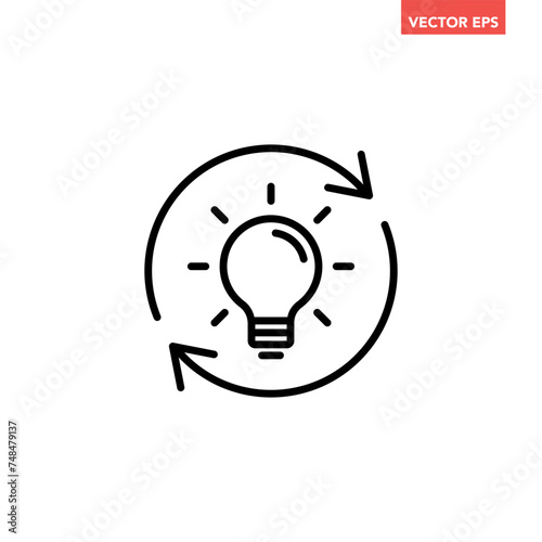 Single black refresh idea line icon, simple light bulb with repeat arrow flat design illustration pictogram for infographic interface elements for app logo web button ui isolated on white background
