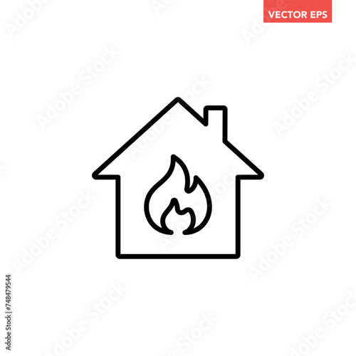 Black single house on fire line icon, simple building damage flat design pictogram vector for app ads web banner button ui interface elements isolated on white background