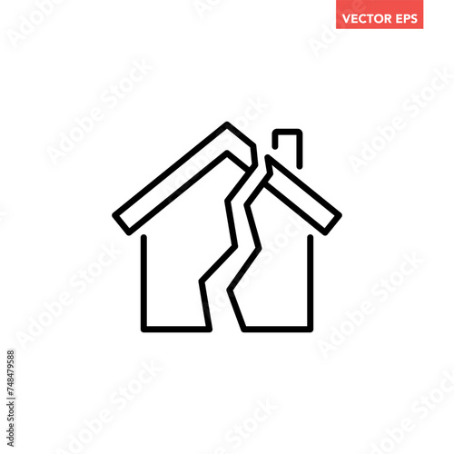Black single damage house line icon, simple broken family relationship flat design illustration infographic pictogram vector, app logo web button ui ux interface elements isolated on white background