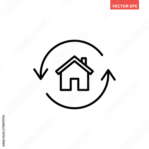 Single black house renovation line icon, simple update home with arrow flat design pictogram vector for app logo ads web webpage button ui ux interface elements isolated on white background