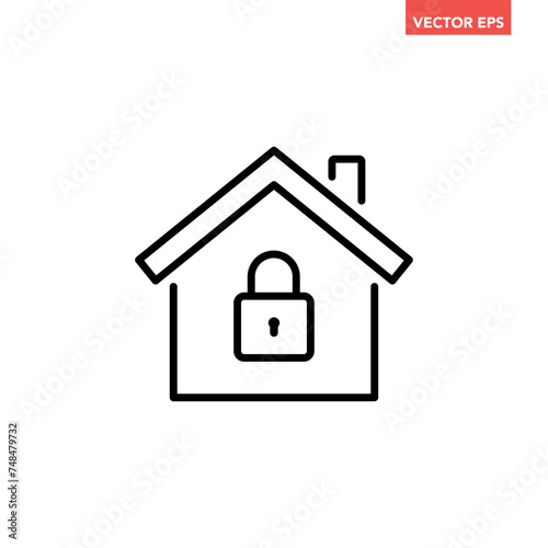 Black single house under protection line icon, simple safe home lock defence flat design concept vector for app ads web banner button ui ux interface elements isolated on white background
