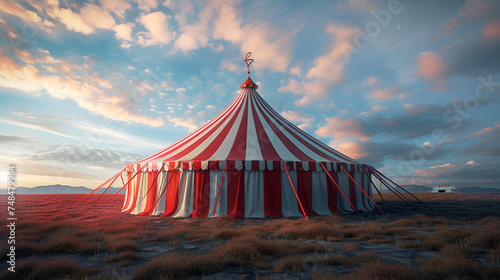 Step right up and experience the retro-style circus tent in red and white color, a spectacle under the summer sky! Generative Ai