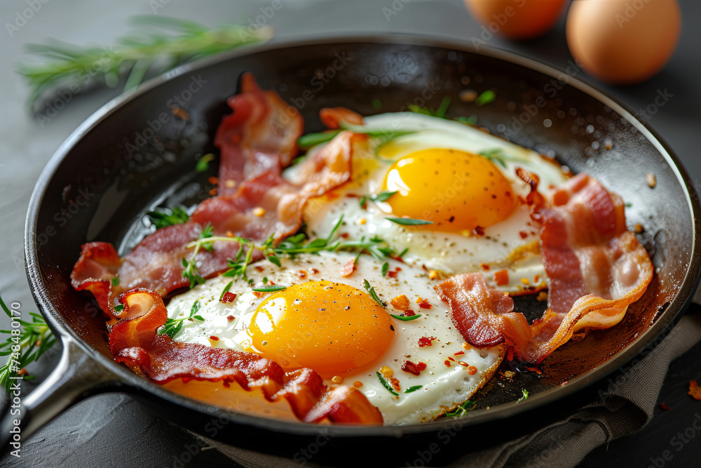 Bacon and eggs frying in a pan. A composition featuring delicious fried eggs and bacon
