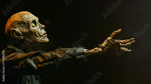 Cary puppet reaching out with the arm isolated on black background, Generative Ai

 photo