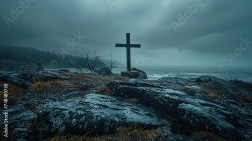 Silhouette jesus christ crucifix on cross on calvary sunset background concept for good friday he is risen in easter day, good friday jesus death on crucifix, world christian and holy spirit religious photo