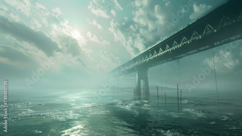 A tall bridge on the water has a hazy landscape photo