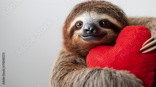 Adorable baby raccoon and cute sloth cuddle on a heart-patterned pillow, isolated on white background, Generative AI.   © Dzynee