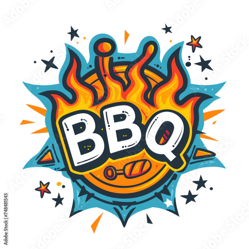 Colorful cartoon or comic BBQ logo with flames  isolated or white background  