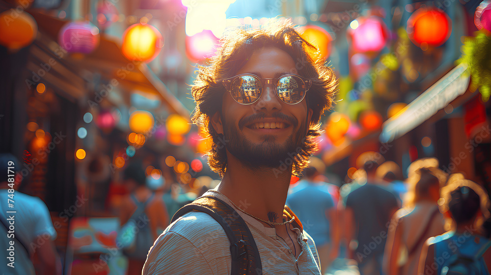 A tourist man in a bustling outdoor market, sunlit and full of colorful stalls and happy shoppers, Chinatown market.