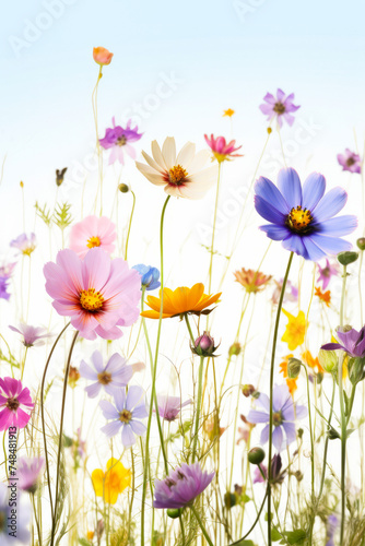 Field of colorful flowers with sky background in the background.