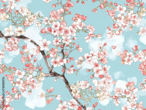 青空と桜の日本画風