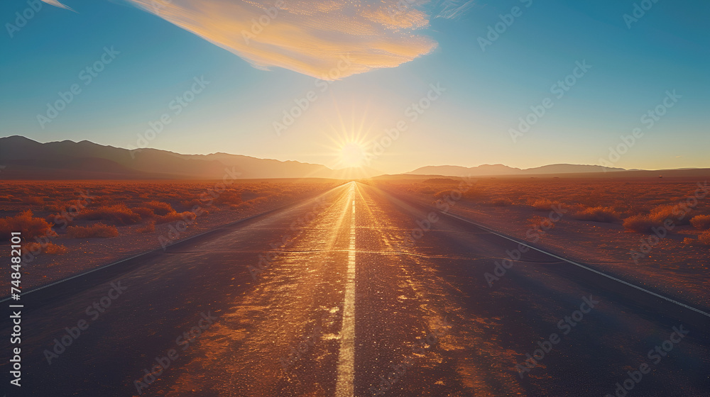 Straight road leads to a further destination in the morning desert landscape, capturing the essence of travel and nature, Generative Ai.

