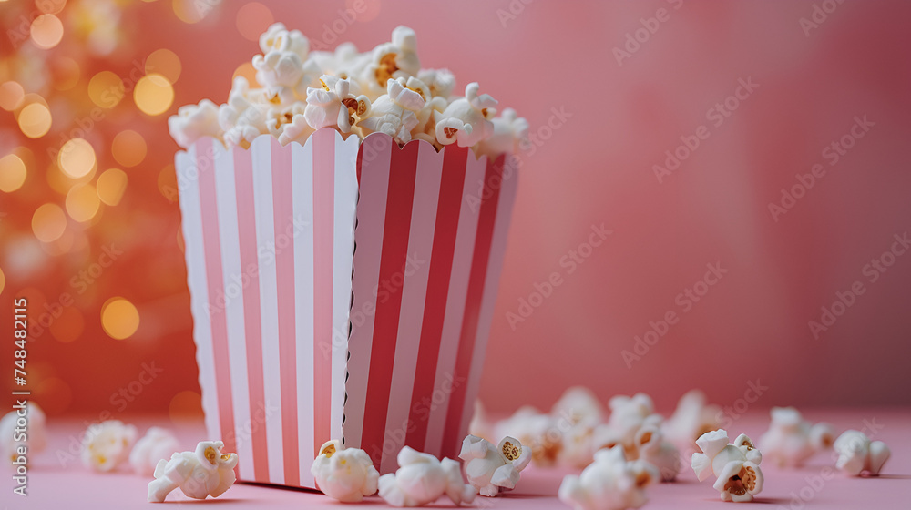 Striped box with popcorn copy space, perfect for your next movie night invitation or cinema-themed event, Generative Ai.

