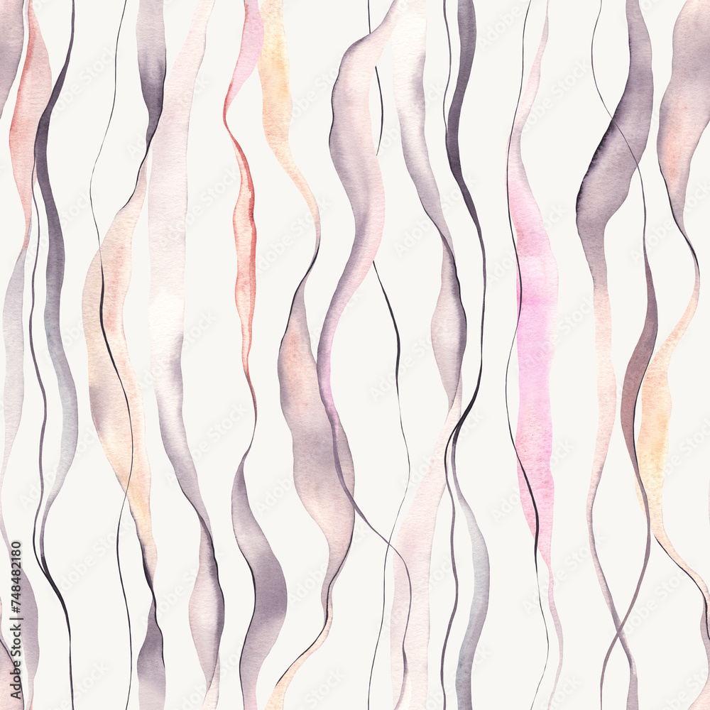 Delicate colorful fabric texture, watercolor seamless pattern with vertical wavy lines, decoration abstract print for textile, wallpapers or backgrounds.