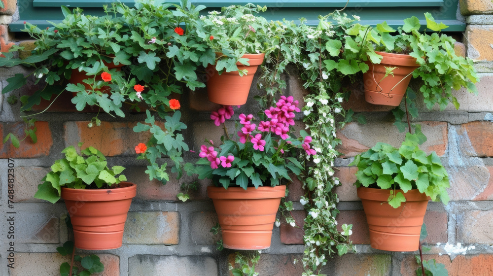 A of hanging terracotta pots filled with cascading vines and trailing flowers adding a touch of whimsy and beauty to a compact urban garden.
