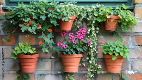 A of hanging terracotta pots filled with cascading vines and trailing flowers adding a touch of whimsy and beauty to a compact urban garden. © Justlight