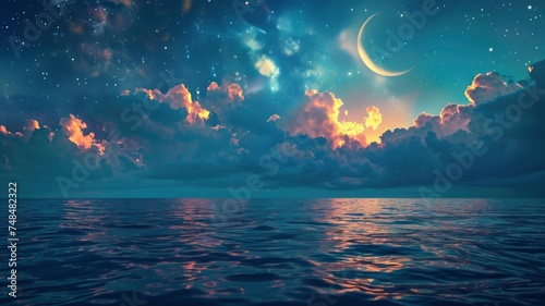Ramadan Kareem background with crescent, stars and glowing clouds above serene sea. Elements of this image furnished by NASA, copy space - generative ai