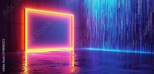 An empty frame in a 3D gallery, with a backdrop of a vibrant, digital matrix code waterfall.