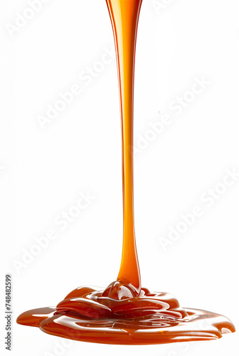 Rich caramel pouring smoothly on a white background with space for text, perfect for dessert-themed designs and recipe visuals