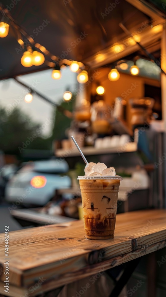 Fresh cup of iced coffee on food truck counter top.. Barista, bistro, outdoor. Room for copy space.