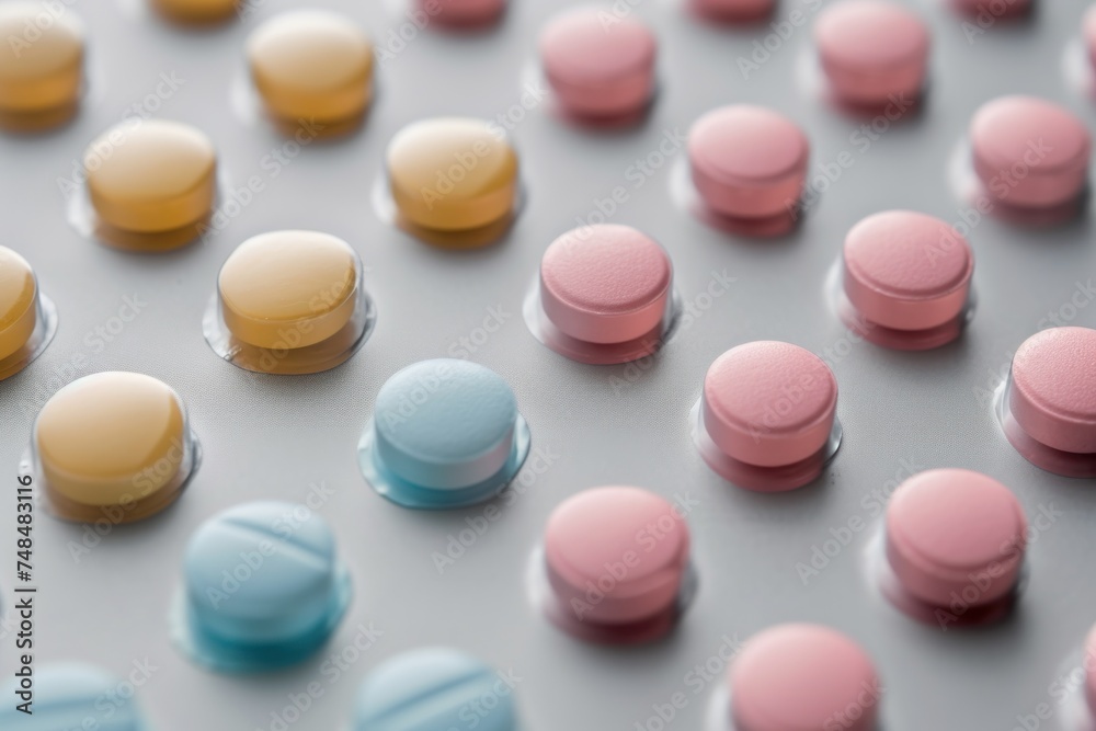 Neat arrangement of pastel-colored pills on a grey background.