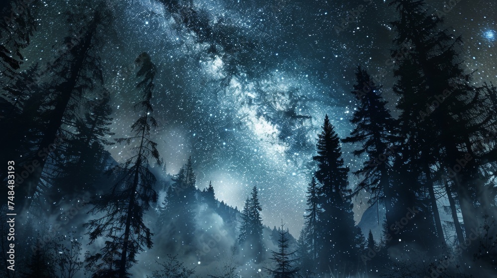 A long exposure photograph captures the ethereal beauty of a starry night in the mountains. The outlines of towering trees are faintly visible in the foreground as the Milky - obrazy, fototapety, plakaty 