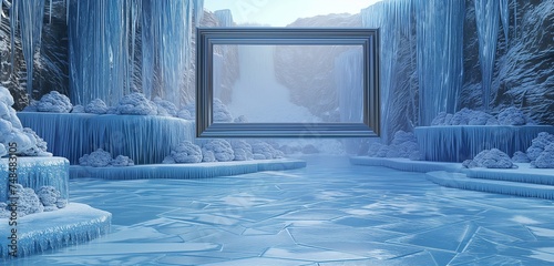 A 3D art gallery with an empty frame, in a world of ice sculptures and frozen waterfalls.