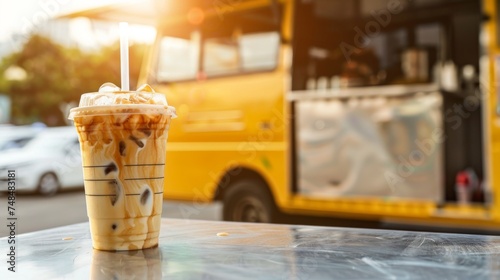 Fresh cup of iced coffee on food truck counter top.. Barista, bistro, outdoor. Room for copy space.