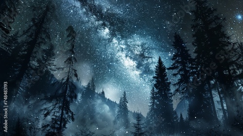 A long exposure photograph captures the ethereal beauty of a starry night in the mountains. The outlines of towering trees are faintly visible in the foreground as the Milky photo