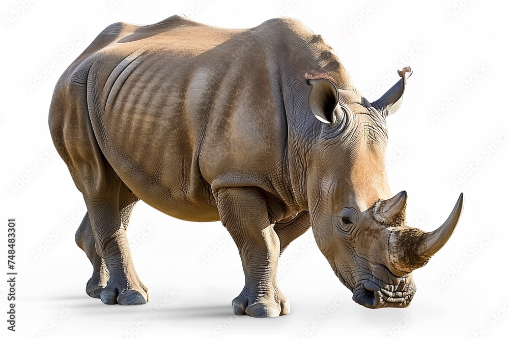 Obraz premium Majestic rhinoceros isolated on white background, with ample space for text, perfect for educational materials and wildlife conservation awareness