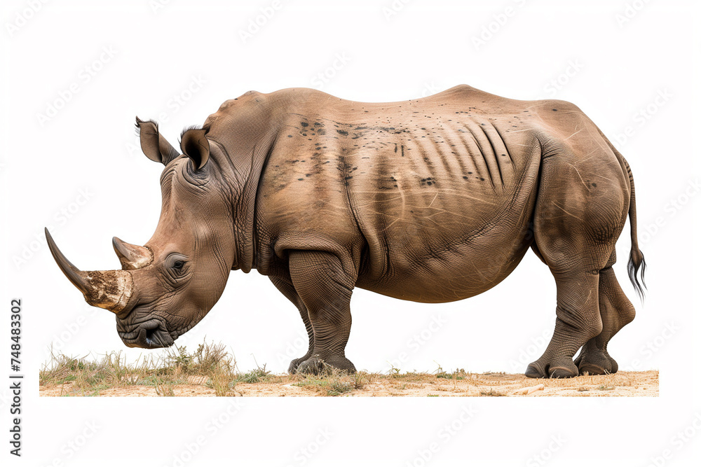 Fototapeta premium Side view of a solitary African rhinoceros standing on dry ground, isolated on a white background with ample space for text