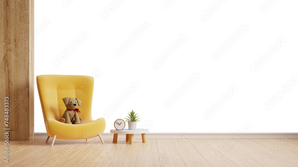 Children's room with yellow armchair soft toys on transparent background.3d rendering. - obrazy, fototapety, plakaty 