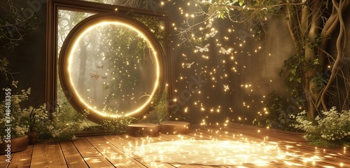 A 3D art gallery with an empty frame  surrounded by a magical  shimmering fairy circle.