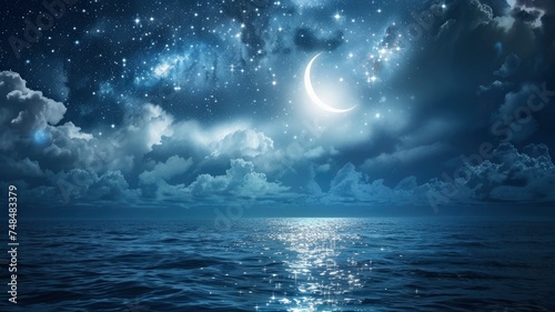 Ramadan Kareem background with crescent, stars and glowing clouds above serene sea. Elements of this image furnished by NASA, copy space - generative ai © Nia™