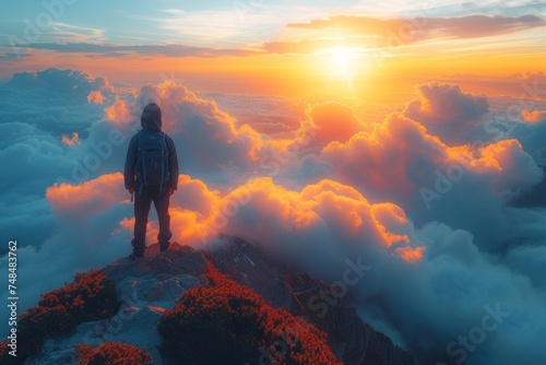 The Pinnacle of Joy: A Man on a Mountain Experiencing the Emotions of Success and Fulfillment Under the Dreamy Clouds of the Sunset