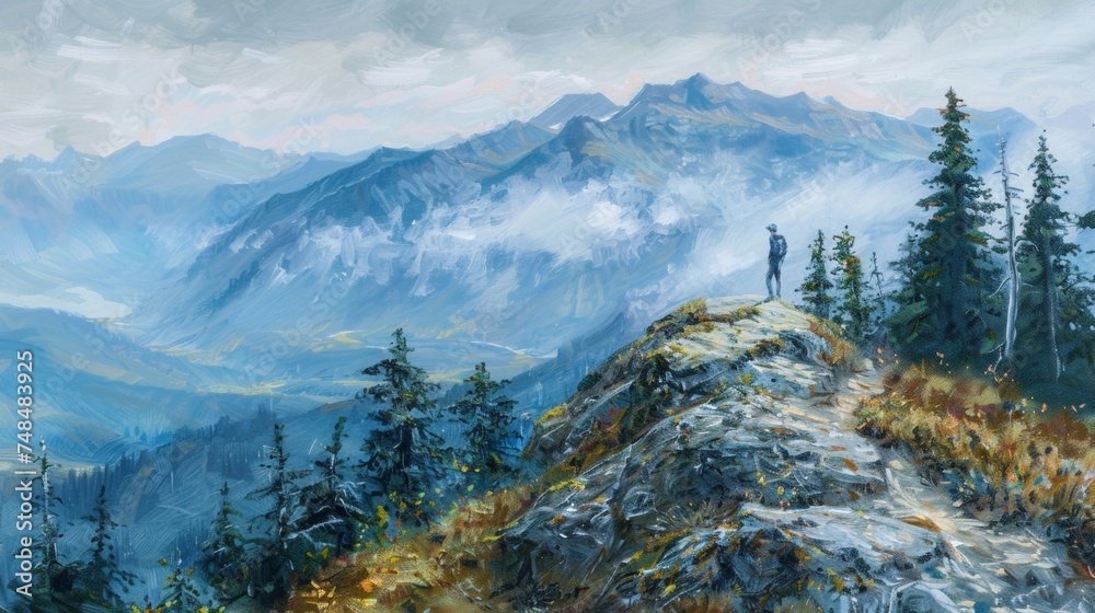 A lone hiker pauses on a mountaintop capturing the vast expanse of untouched nature spread out before . The winding path that they have traveled disappears into the misty