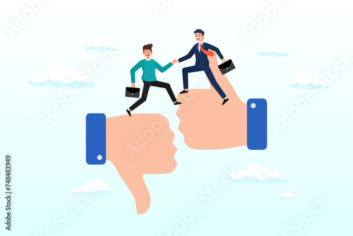 Businessman manager help coworker step from thumb down to thumb up, mentor support, coaching or training for employee improvement, help colleague or partner to work better, advice or consult (Vector)